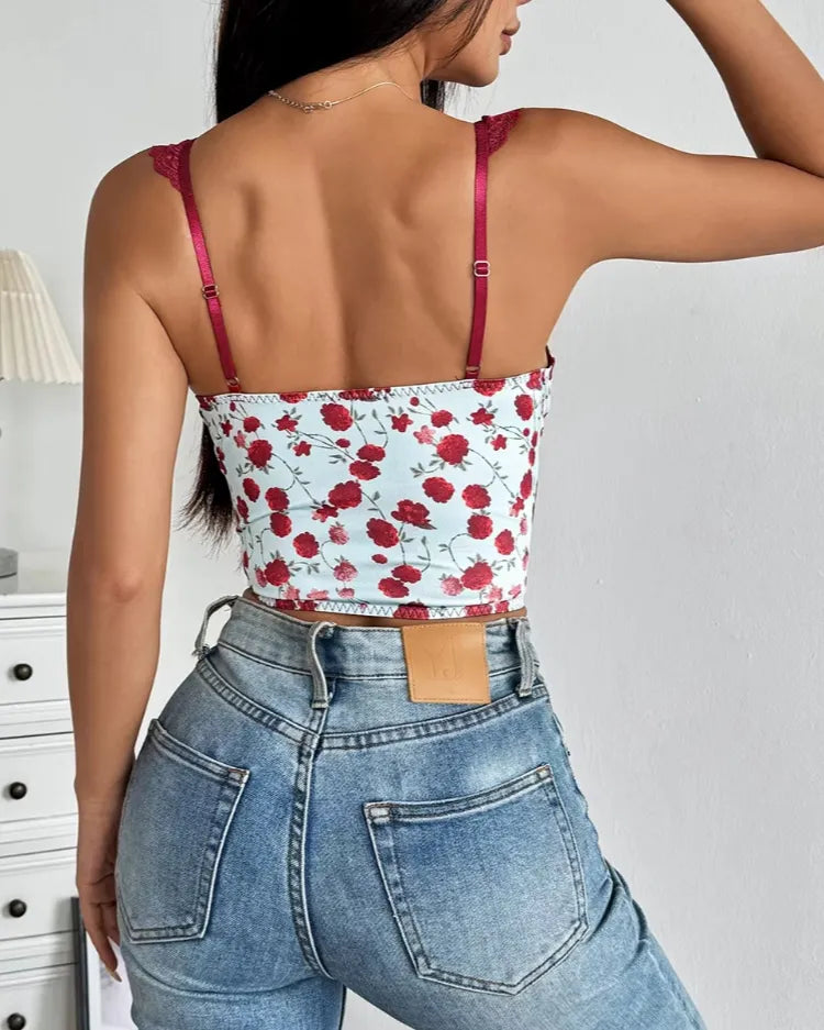 Floral Lace-Up Bustier Top