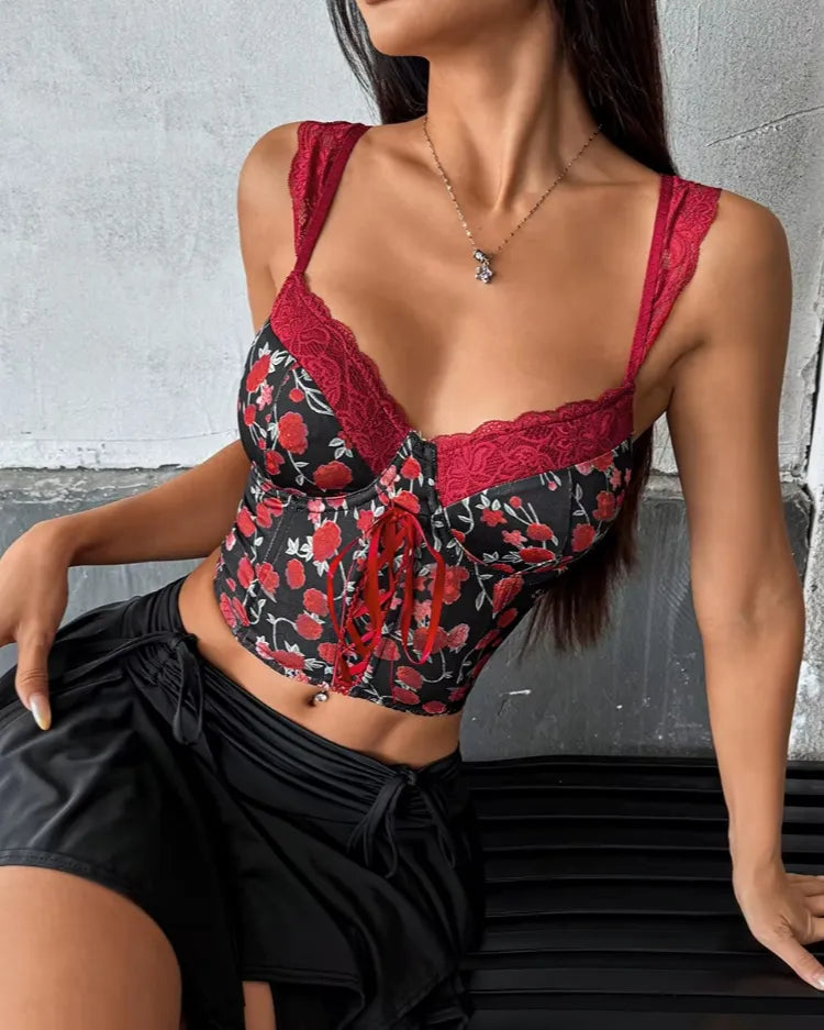 Floral Lace-Up Bustier Top
