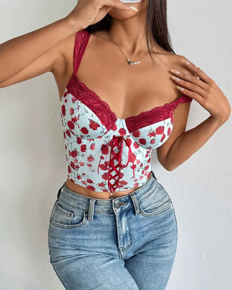 Floral Lace-Up Bustier Top