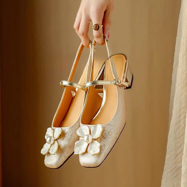 Isabeau - Floral Mary Jane Pumps Block Heel Jacquard Strap