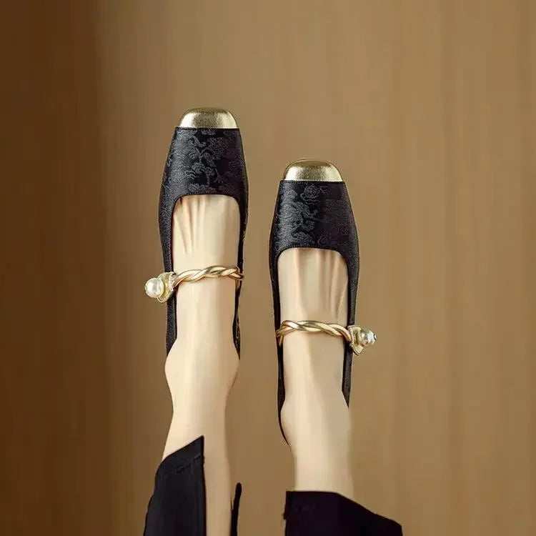 Celestine - Pearl Strap Mary Jane Shoes Glitter Block Heel