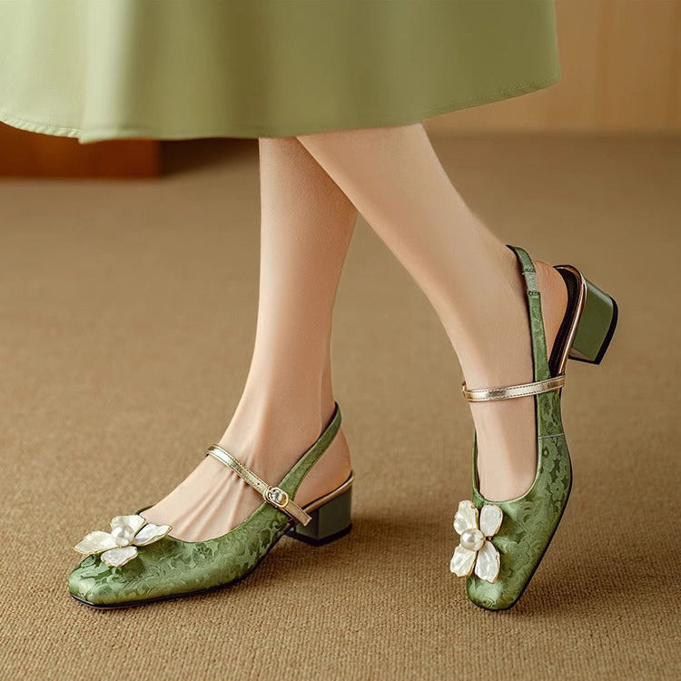 Isabeau - Floral Mary Jane Pumps Block Heel Jacquard Strap