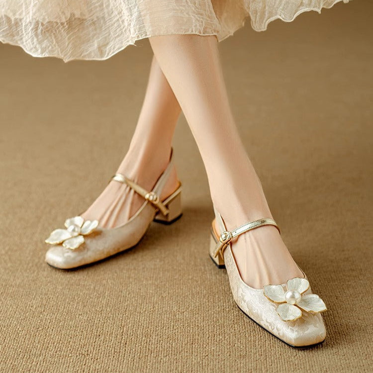 Florine - Floral Slingback Pumps Square Toe Block Heel Shoes