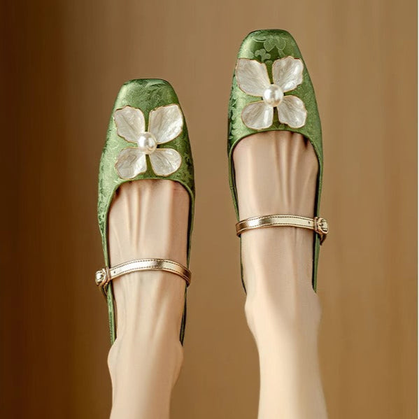 Florine - Floral Slingback Pumps Square Toe Block Heel Shoes