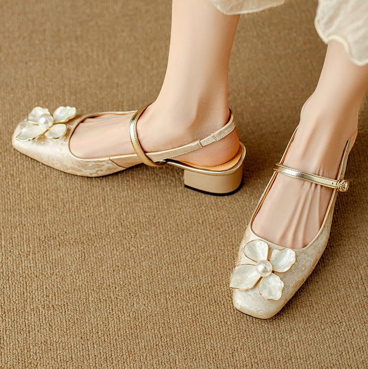 Florine - Floral Slingback Pumps Square Toe Block Heel Shoes