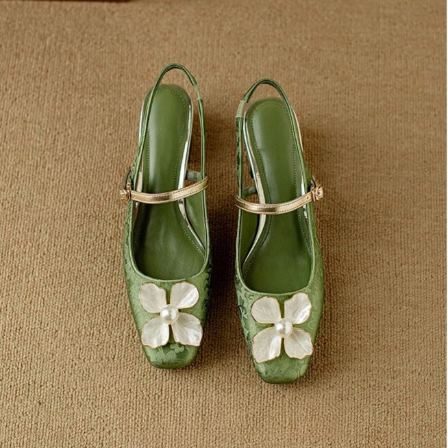 Isabeau - Floral Mary Jane Pumps Block Heel Jacquard Strap