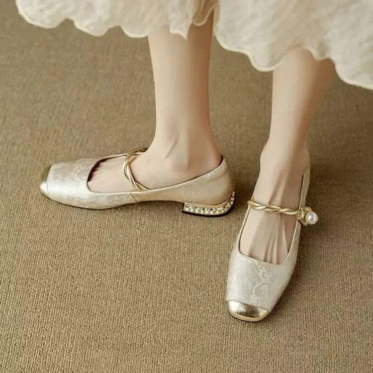 Celestine - Pearl Strap Mary Jane Shoes Glitter Block Heel