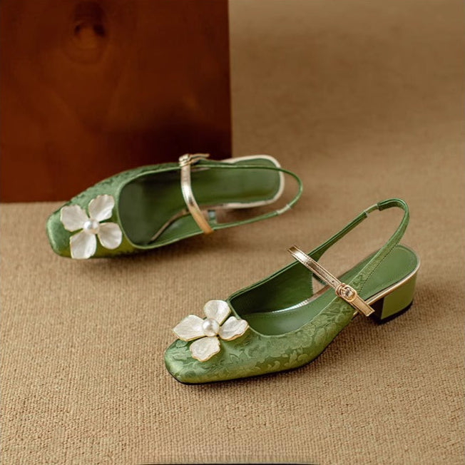 Florine - Floral Slingback Pumps Square Toe Block Heel Shoes