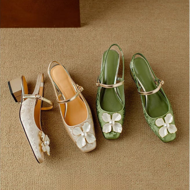Florine - Floral Slingback Pumps Square Toe Block Heel Shoes