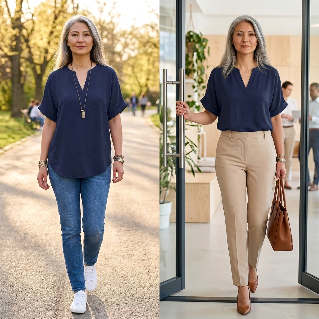 Wovena - Breezy V Neck Blouse with Curved Hem