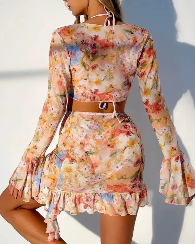 High-Waist Long-Sleeve 4 Pieces Bikini Set