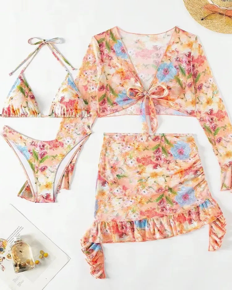 High-Waist Long-Sleeve 4 Pieces Bikini Set