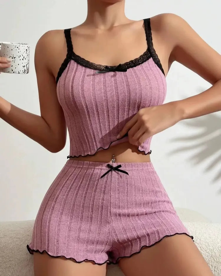 Lace-Trim Ribbed Pyjama Set