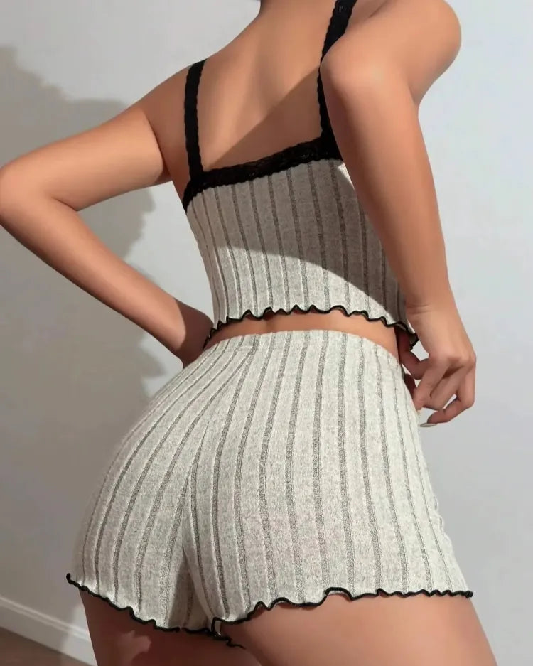 Lace-Trim Ribbed Pyjama Set