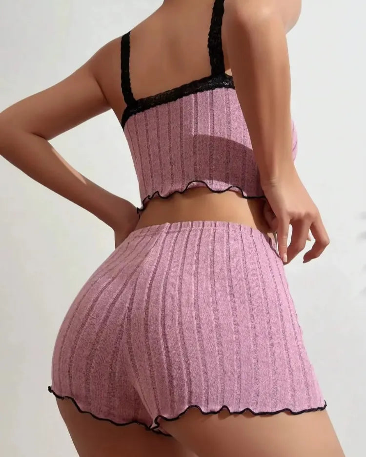 Lace-Trim Ribbed Pyjama Set