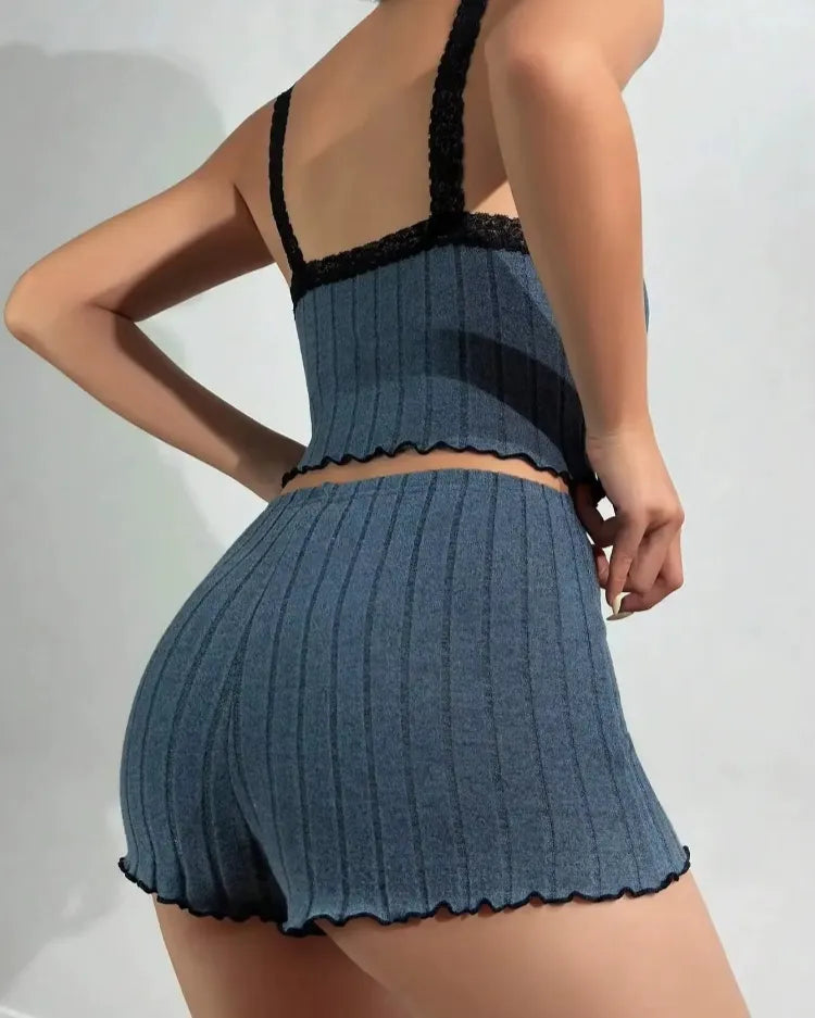 Lace-Trim Ribbed Pyjama Set