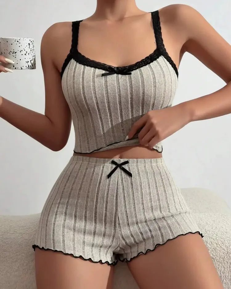 Lace-Trim Ribbed Pyjama Set