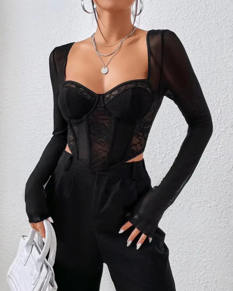 Long Sleeve Mesh Corset Top