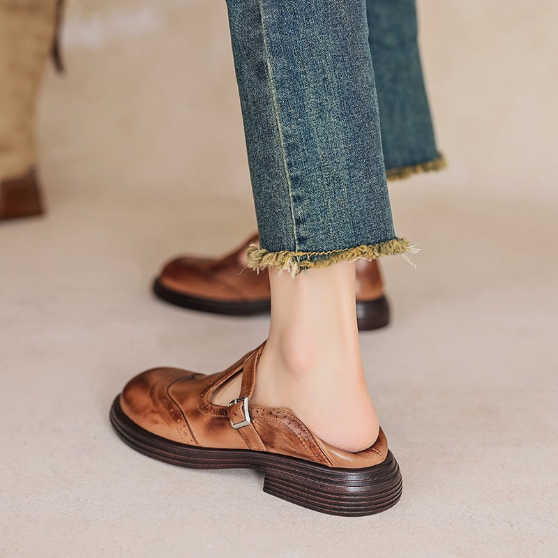 Rosie - Leather T-Strap Mary Jane Shoes Brogue Block Heel