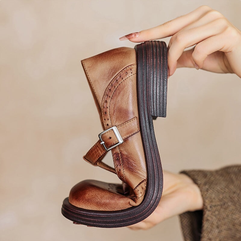 Rosie - Leather T-Strap Mary Jane Shoes Brogue Block Heel