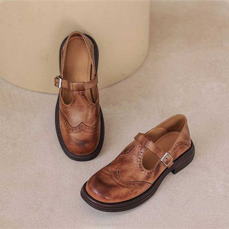 Rosie - Leather T-Strap Mary Jane Shoes Brogue Block Heel