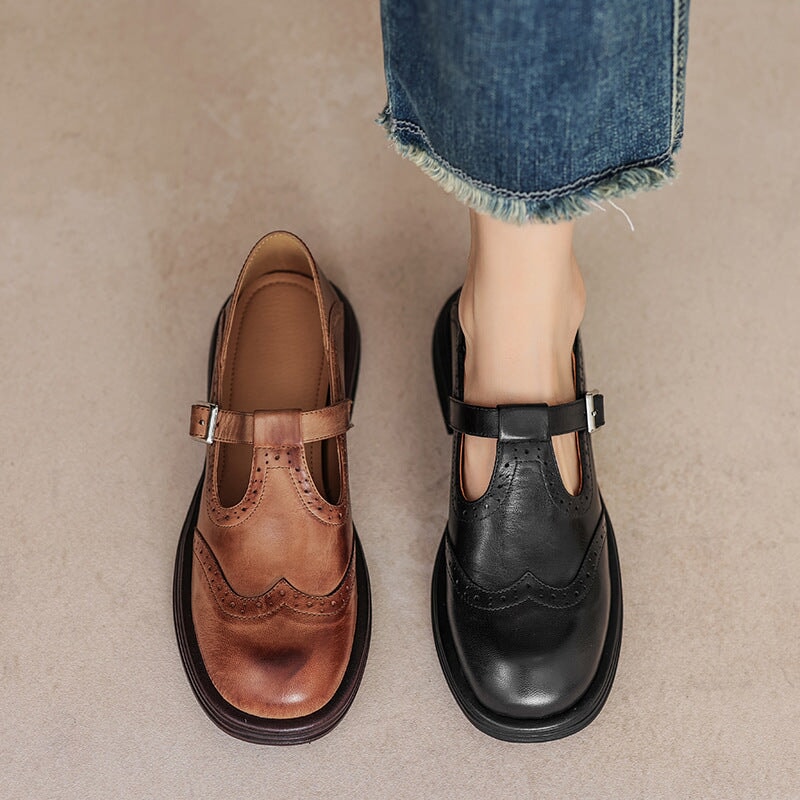 Rosie - Leather T-Strap Mary Jane Shoes Brogue Block Heel