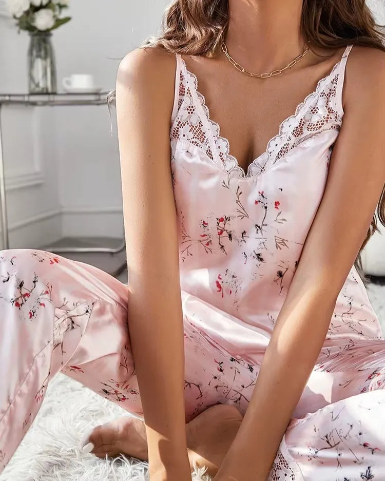 Striped Floral Satin Pyjama Set