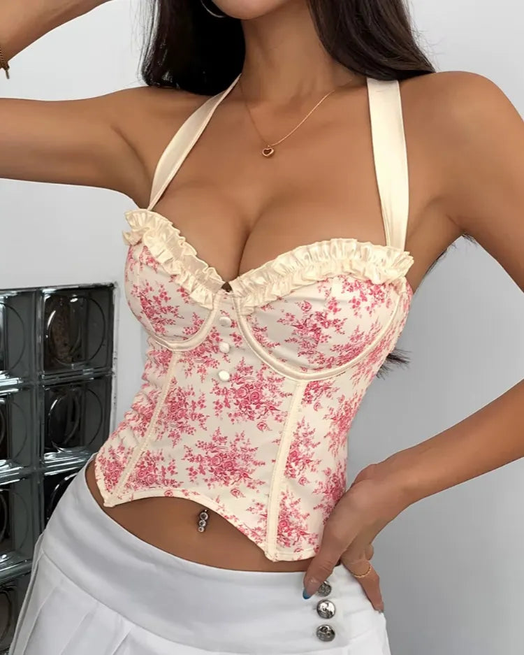 Structured Floral Halter Corset Top