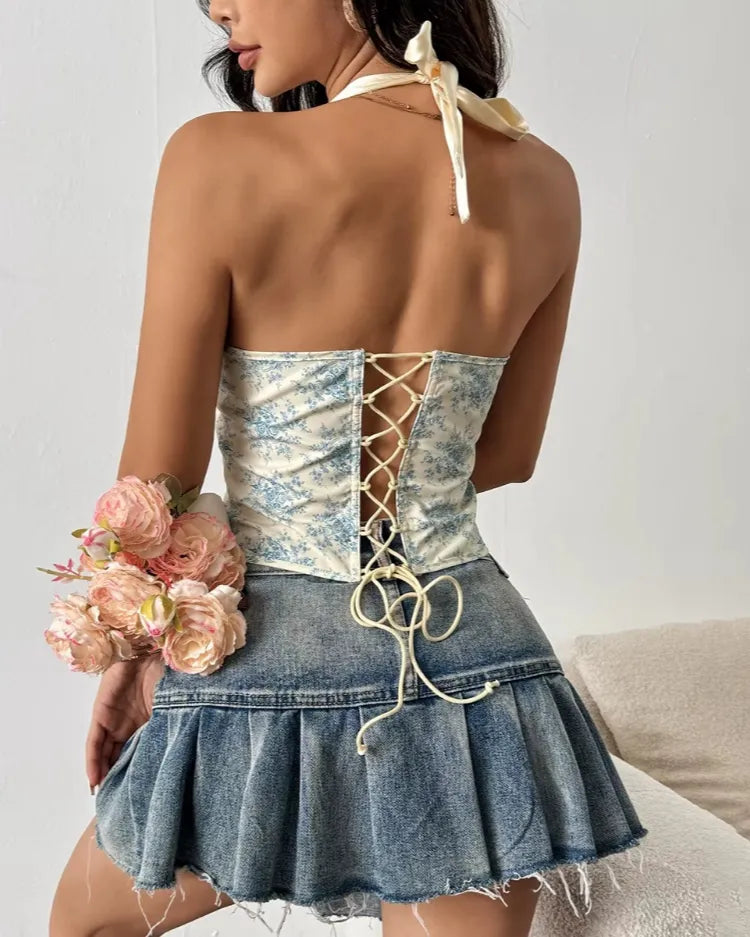 Structured Floral Halter Corset Top