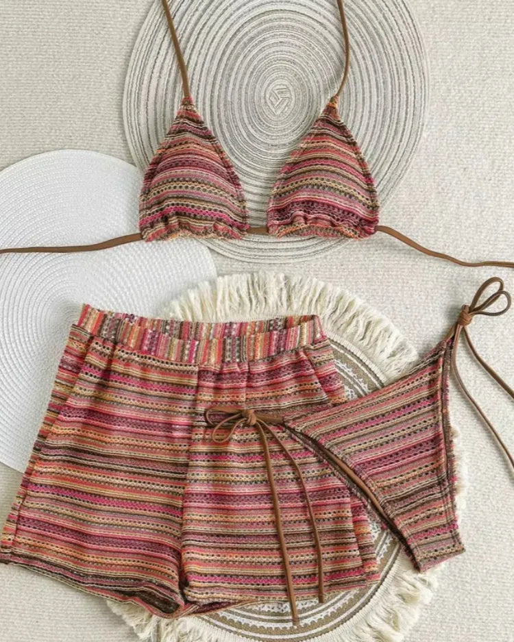 Textured Knit Triangle Bikini & Shorts Set