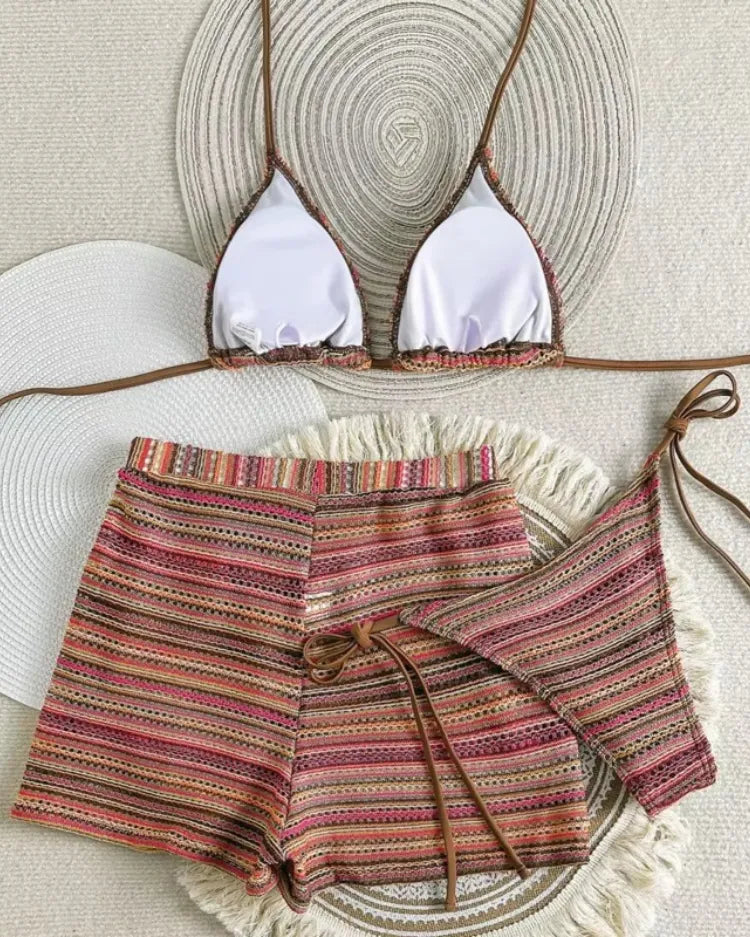 Textured Knit Triangle Bikini & Shorts Set